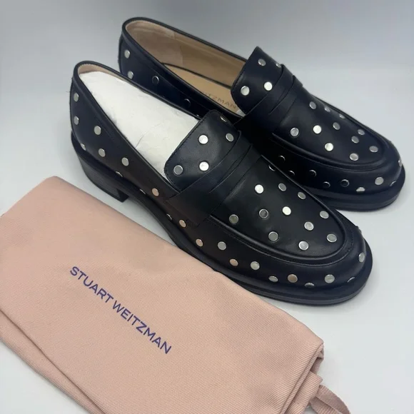 STUART WEITZMAN Palmer Bold Studded Leather Loafers Size 9 Black